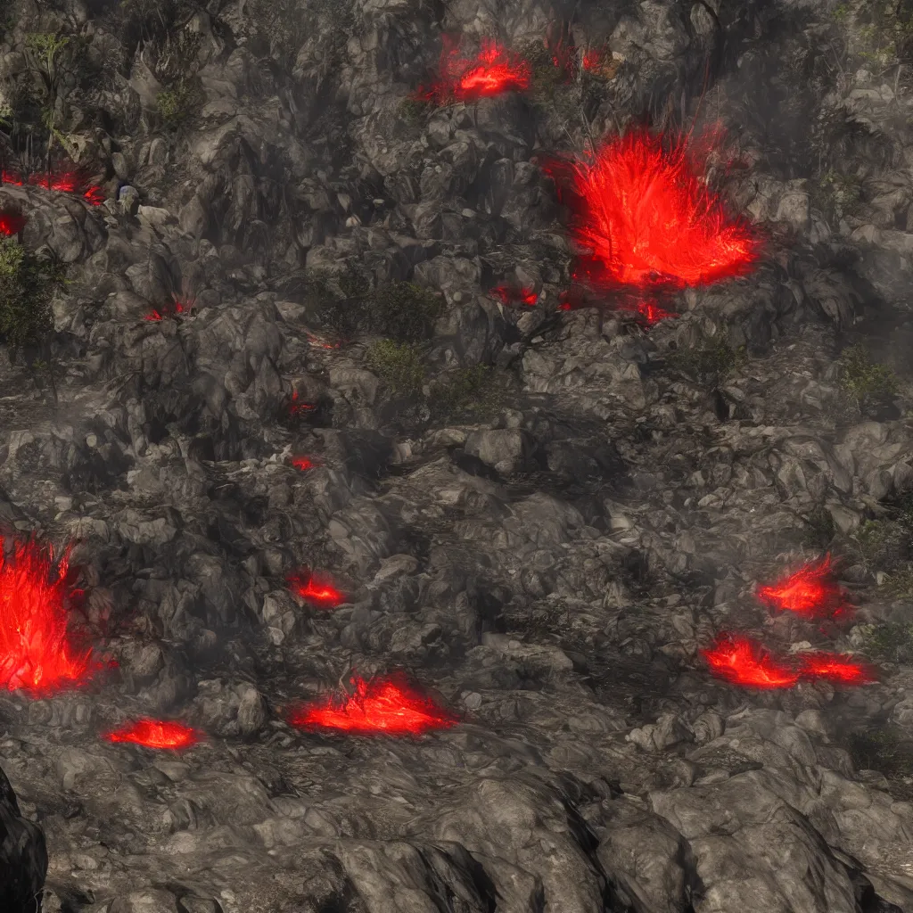 Image similar to satanic mountain goats with glowing red eyes on a sheer obsidian cliffside with lavaflow, lava waterfalls, skyrim gameplay screenshot, dark souls, epic