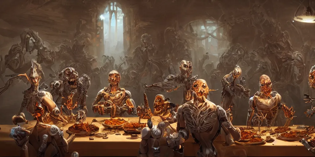 Image similar to hitech robo - apostles having last supper. intricate frobot faces. highly detailed, digital painting, artstation, concept art, smooth, sharp focus, illustration, art by pascal blanche