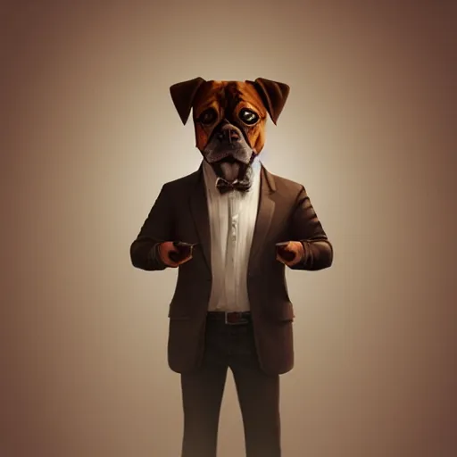 Image similar to a dog wearing a business suit smoking a cigar, dramatic lighting, cinematic, establishing shot, extremly high detail, photorealistic, cinematic lighting, concept art, artstation, style by greg rutkowsky