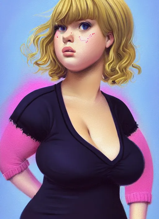 Image similar to full body portrait, teenage betty cooper, blonde hair, obese, bangs, ponytail, sultry, realistic, sultry smirk, fluffy bangs, curly bangs, fat, belly, beautiful girl, intricate, elegant, highly detailed, digital painting, artstation, concept art, smooth, sharp focus, illustration, art by wlop, mars ravelo and greg rutkowski