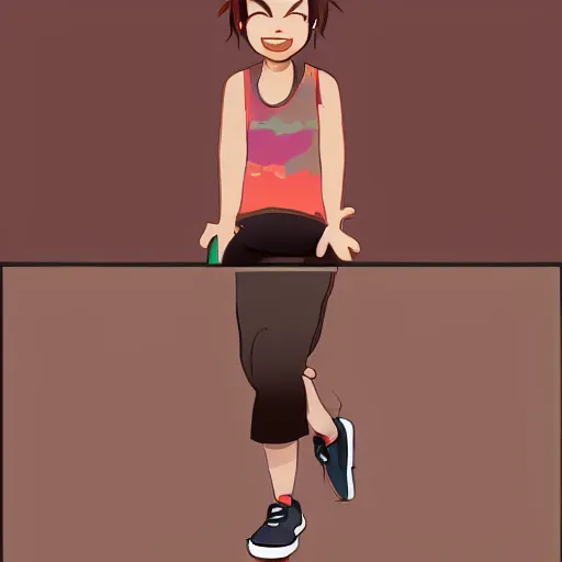 Image similar to POSE(playing guitar) WEAR(sweaty tank-top + sweatpants) APPEAR(short brown hair + short woman + twenty five years old + sticking tongue out) MOOD(vivid) NOTES(featured on ArtStation)