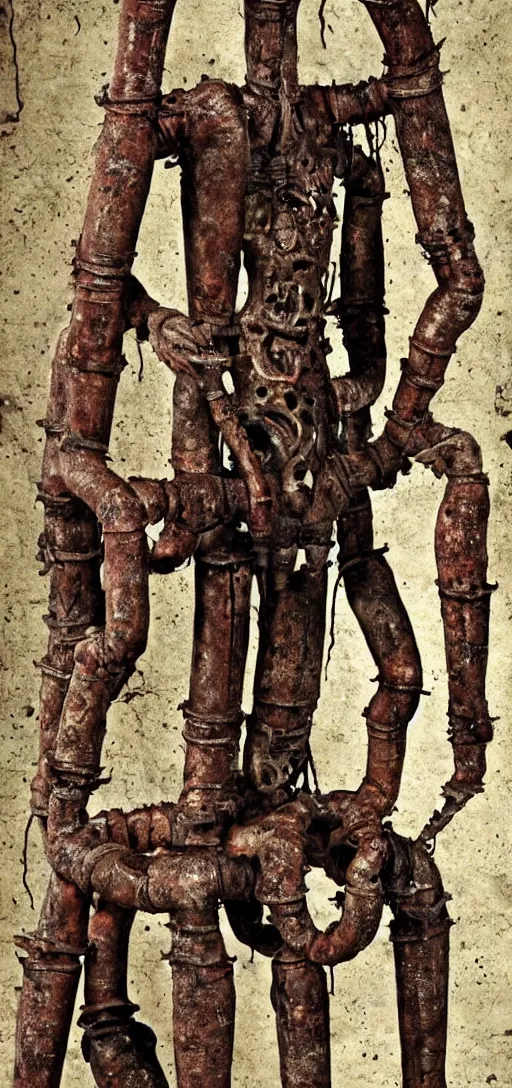 Image similar to a disfigured humanoid figure made out of rusty pipes and machinery, horror, body horror, creepy, dark, disturbing, unsettling, hyperrealistic, dramatic,