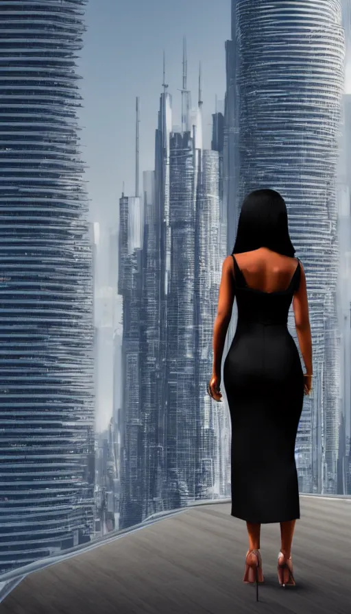 Prompt: an elegant Black woman in cocktail dress and heels, her back is to us, looking at a futuristic city, 8K, ultra realistic