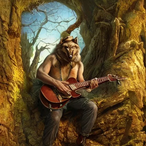 Image similar to Hyperrealistic 1941 The Wolf-Man playing a Gibson electric guitar, by Antonio Caparo, Ferdinand Knab, Greg Rutkowski, Amano, and Karol Bak UHD, vivid colors, photorealistic trending on artstation