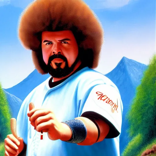 Image similar to a closeup photorealistic photograph of bob ross style kenny powers playing baseball, painting on a canvas. mountains and trees. film still. brightly lit scene. this 4 k hd image is trending on artstation, featured on behance, well - rendered, extra crisp, features intricate detail, epic composition and the style of unreal engine.