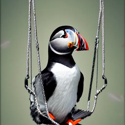 Image similar to realistic puffin sitting on a swing, hyper detailed, trending on artstation