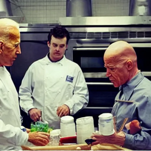 Image similar to “Very photorealistic screenshot of Joe Biden and Walter White cooking drugs in an episode of Breaking Bad, atmospheric lighting, award-winning”