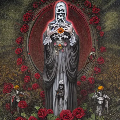 Prompt: santa muerte in a rose garden being worshipped by a mexican death cult through a ritual, by anton semenov and gustave dore and guillermo del torro in a surreal dark horror style, oil on canvas, 8k, hd,