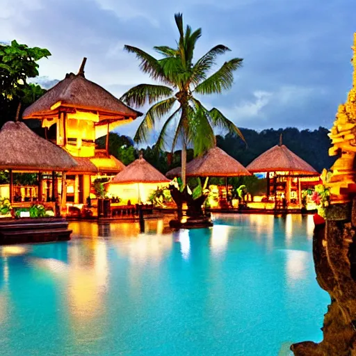 Prompt: photograph, these are the best holiday destinations, romantic, honeymoon, poolside, Bali Indonesia, Bombay Black Cat