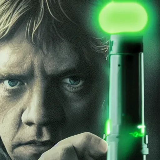 Prompt: Luke Skywalker holding his green lightsaber and looking concerned