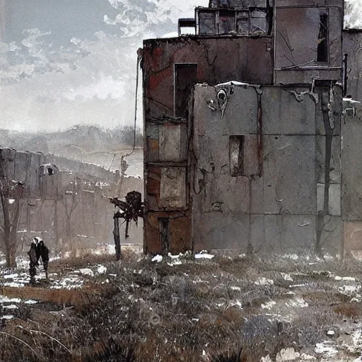 Image similar to painting of a abandoned post soviet town infested with humanoid root monsters by jakub rozalski