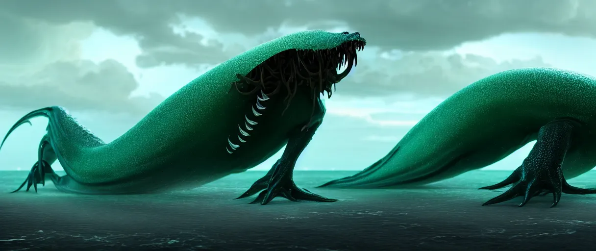 Image similar to a stunning cinematic shot of an slick sleek smooth translucent see - through halitrephes maasi sea monster wearing clothes made of seaweed on a dark stormy beach, with huge luminous sad eyes, sharp claws, cgsociety, hd octane render, fantasy, artstation, deviantart, furaffinity, very very clean, super smooth, thunderclouds, thunderstorm