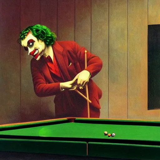 Image similar to the joker playing pool by tooker, george, surrealism, magical realism, scene