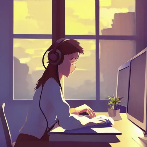 Image similar to a side view of a beautiful girl sitting on her desktop writing something, headphones on, hand on her chin, nightlamp, digital art, anime, studio ghibli style, window and city background, portrait