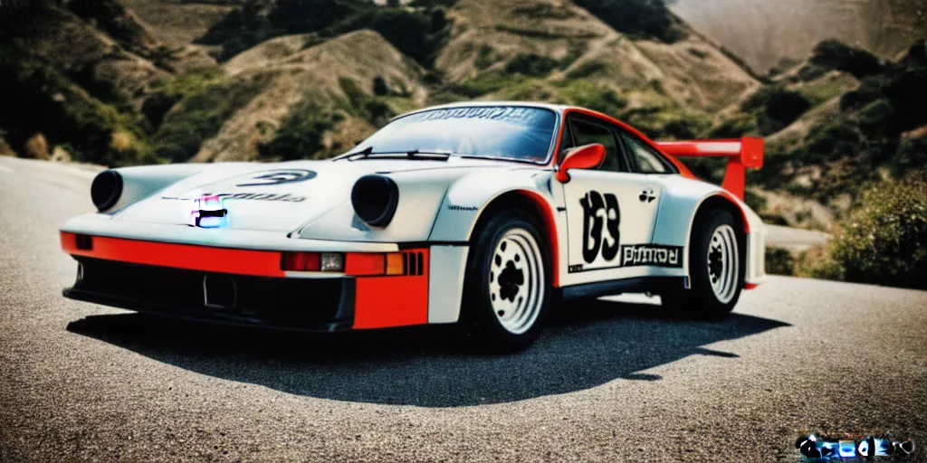 Image similar to photograph, debadged, 1989 PORSCHE 935, by Pete Biro, press release, cinematic, malibu canyon, 8k, depth of field, bokeh. debadged ,