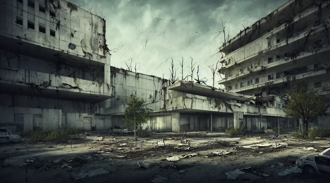 Image similar to post apocalyptic hospital building, morning, building, avenue, modern contemporary urban americana concrete architecture, by pascal blanche, neil blevins, apocalyptic color palette, trending on artstation, photorealistic, wilderness ambiance, ultra detailed, high definition, depth of field, bokeh, rubble, wild vegetation, blood stains, building crumbling, human silhouettes walking