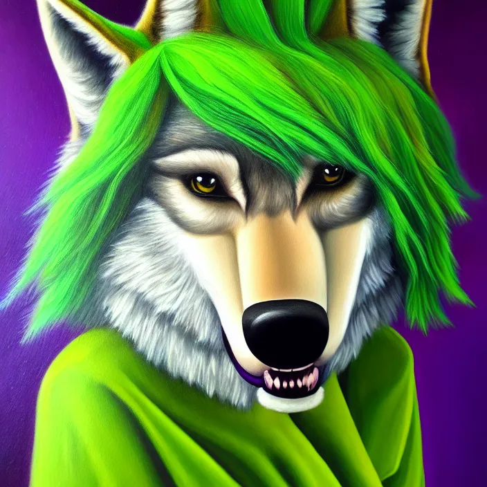 Prompt: a photorealistic painting of an anthropomorphic female wolf fursona wearing a green dress, violet hair, furry, soft lighting, oil on canvas, hyper detailed