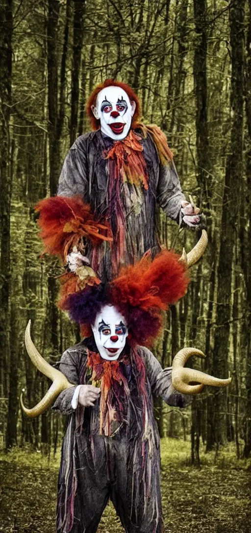 Image similar to a clown with big horns in the forest, darkness, creepy