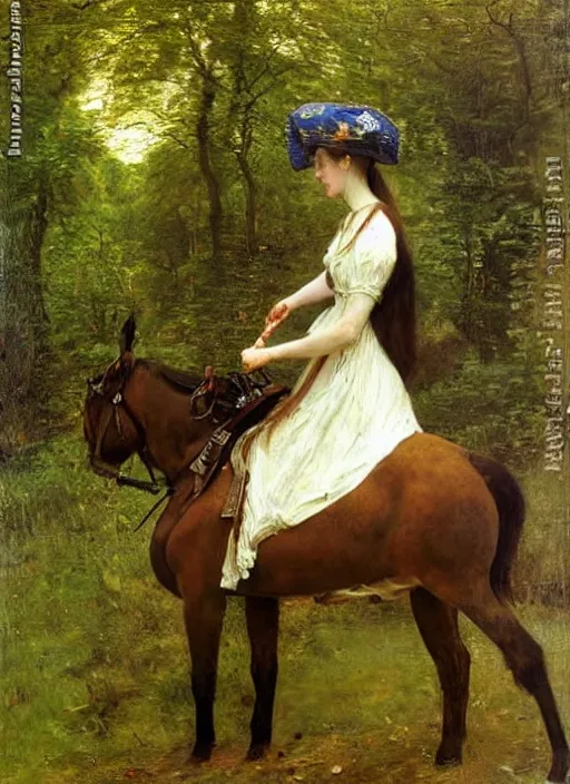 Prompt: a princess with long hair and a tall cone hat riding on a robotic horse in a lush forest, oil painting by john everett millais