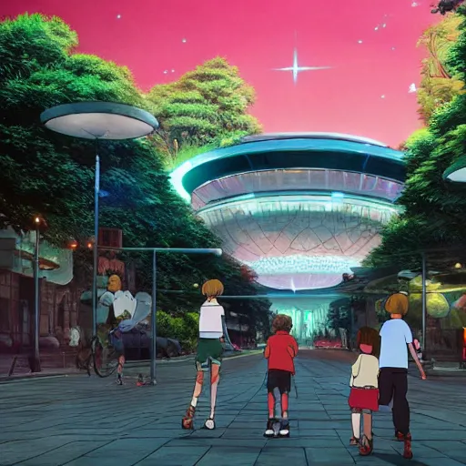 Prompt: Families playing against a backdrop of a glowing glass sci-fi structure in a pleasant urban setting, studio ghibli, ultra hd