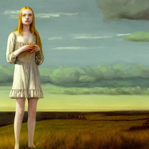 Image similar to Elle Fanning in the painted world of Lovecraft, head and shoulders masterpiece, apocalypse, golden hour, cosmic horror, artstation, in the style of Andrew Wyeth and Edward Hopper and Bosch, extremely detailed