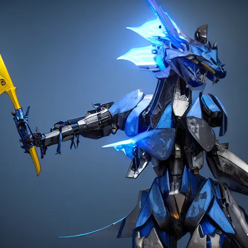 Prompt: dark blue anthro mecha dragon holding a yellow sword, photorealistic, 4k, artstation, 8k wallpaper, unreal engine 5, ue5