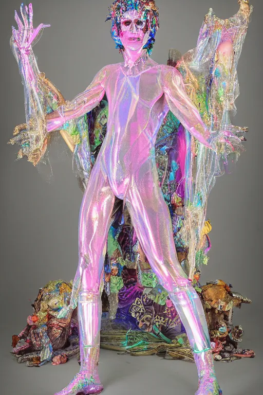 Prompt: full-body photo rococo and cyberpunk delicate neon crystalline sculpture of ((muscular slender albino Brazilian Prince)) (((con la piroca dura))) as an iridescent humanoid deity wearing a thin see-through ((plastic hooded cloak)) sim roupa (holding a human skull), reclining con (((las piernas abiertas))), glowing pink face, crown of (white lasers), large diamonds, swirling black silk fabric. futuristic elements. oozing glowing liquid, full-length view. space robots. intricate artwork by caravaggio. Trending on artstation, octane render, cinematic lighting from the right, hyper realism, photo realistic, octane render, 8k, depth of field, 3D