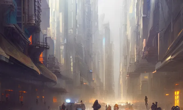 Prompt: A sci-fi digital concept art painting of a street-level view of an art deco city, by greg rutkowski, trending on artstation, highly detailed, matte painting