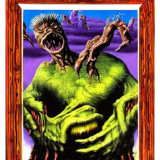 Prompt: a monster reaching through a framed painting, by richard corben. pulp horror