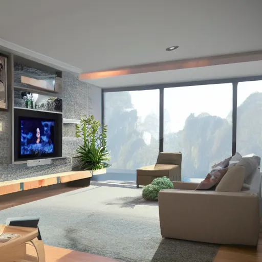 Prompt: a 5 0 meter living room with big television and two plants and pictures on the wall and wall watch unrealengine