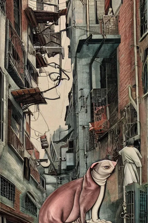 Prompt: a robotic sphynx cat!!, in a cyberpunk alleyway by sandro botticelli