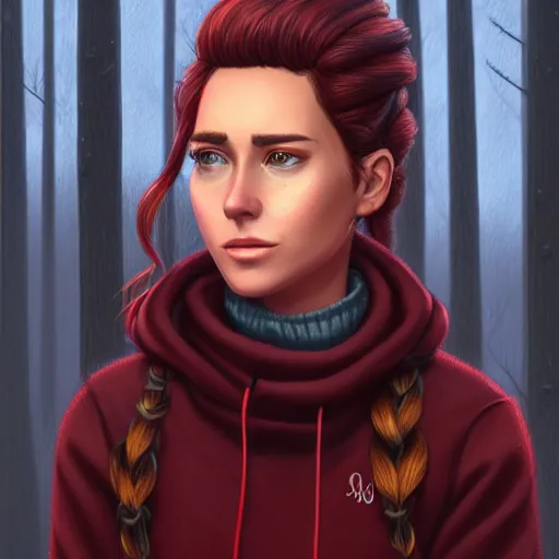 Prompt: an insanely detailed realistic depiction of beautiful jodi from stardew valley facing camera standing in the rainy forest wearing burgundy sweater under denim jacket, auburn hair, pretty brown eyes, french braid, in the style of peter mohrbacher, artgerm, dramatic lighting and composition, octane render, trending on artstation, concept art 8 k