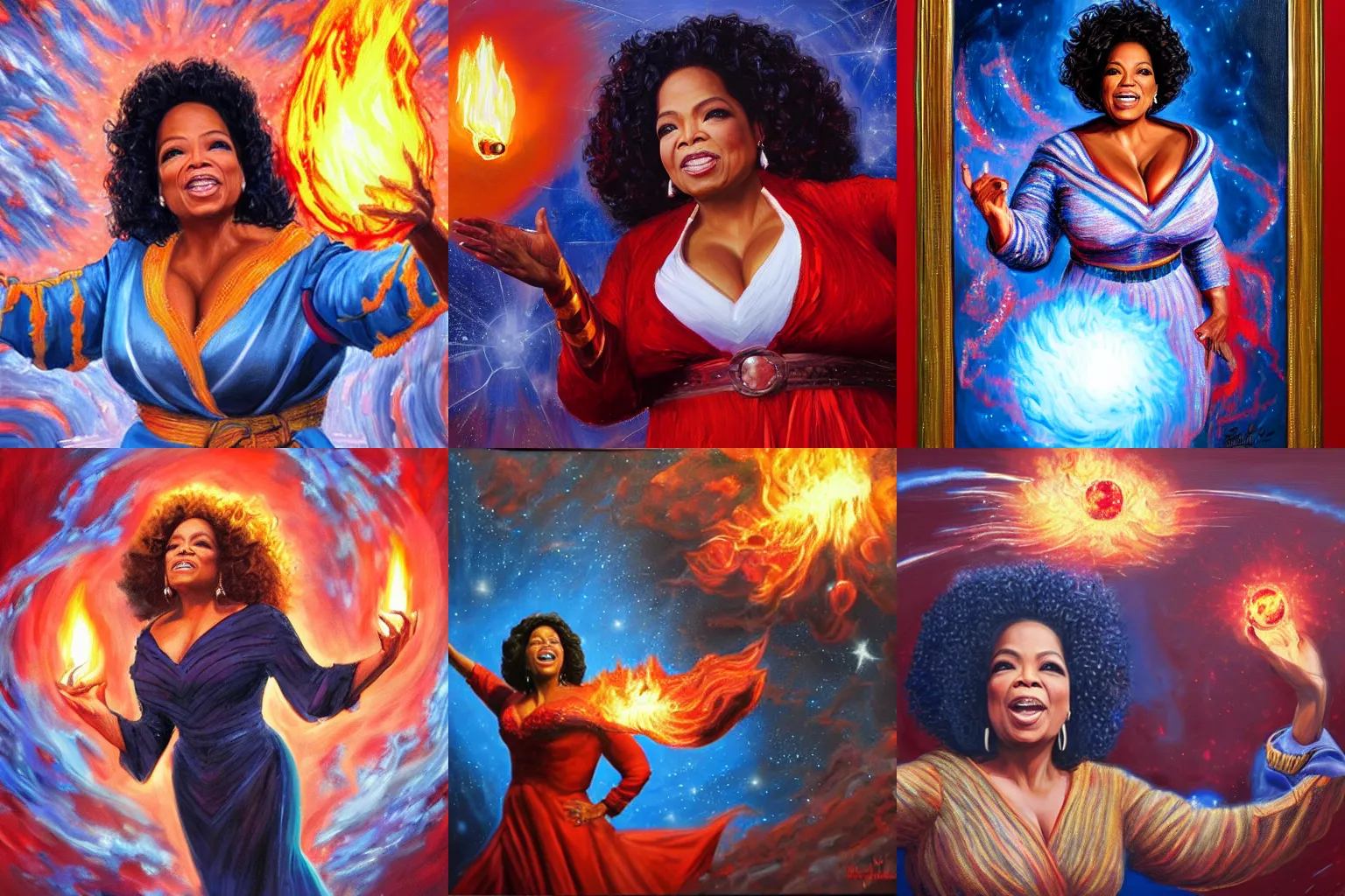 Prompt: highly detailed oil painting, concept art, oprah winfrey casting a fireball spell, fighting against a huge ice giant, red and blue color scheme, concept art, highly detailed