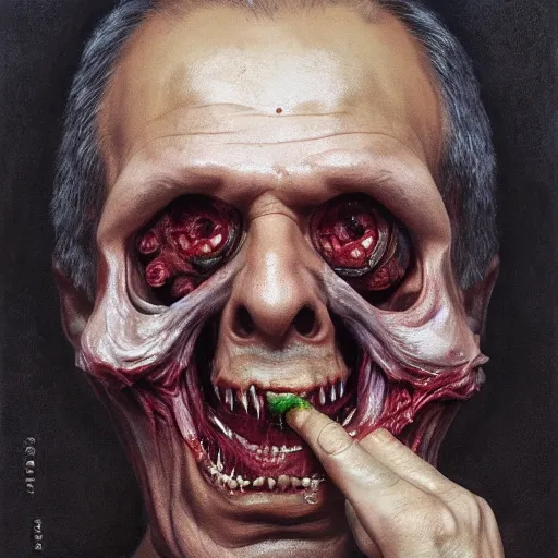 Image similar to a portrait of sergey lavrov, flesh eating worms, macabre, horror saw teeth, horror rotten teeth, peeling face skin, by donato giancola and greg rutkowski and wayne barlow and zdzisław beksinski, realistic face, visible face, digital art, artstation, symmetry