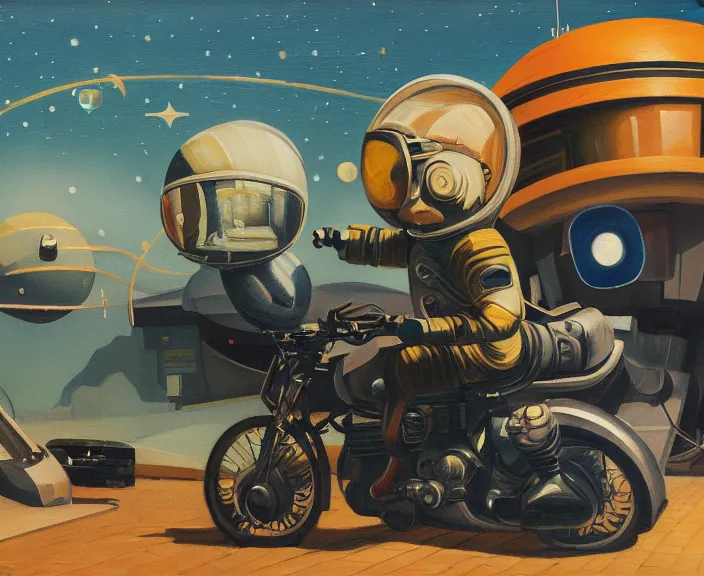 Prompt: a very detailed painting of a astronaut wearing a suit, riding a motorbike down a street on the moon, galaxy sky, there are planets in the sky, cinematic lighting, futuristic city, harley davidson motorbike, worm's - eye view, very fine brush strokes, very aesthetic, very futuristic, in the style of edward hopper and grant wood and syd mead, 4 k,