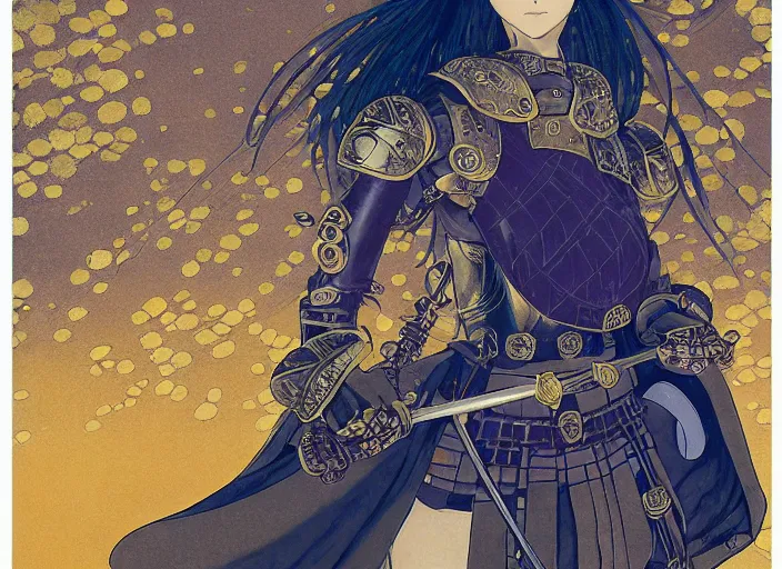 Prompt: female knight guarding a castle, Kyoto animation,last exile, blue submarine no. 6, gustav klimt,loish, murata range, kawaii, yoshitaka amano, studio lighting, manga, bright colors, beautiful,35mm lens, vibrant high contrast, mucha, gradation, jean giraud, fantasy, rule of thirds, fibonacci, intricate