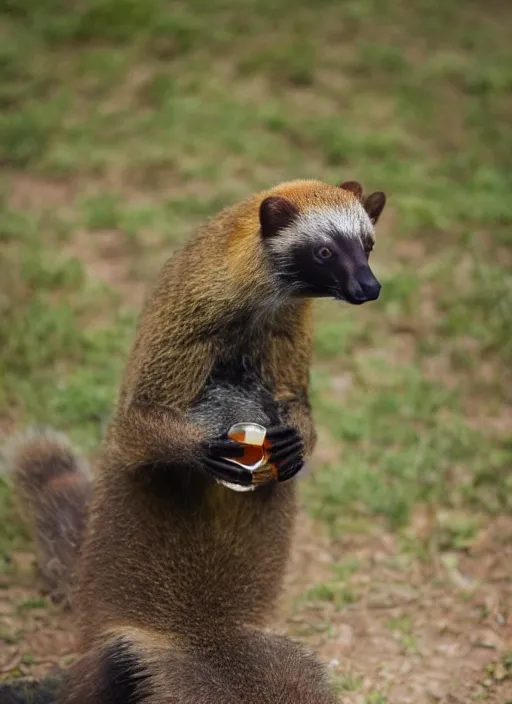 Prompt: coati drinking a whisky bare hands