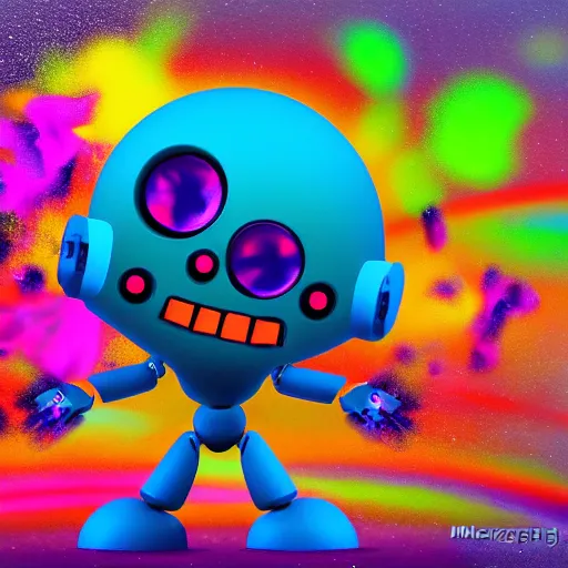 Image similar to a cute little robot at a centered explosion of colorful powder on background by maxvanzwerg