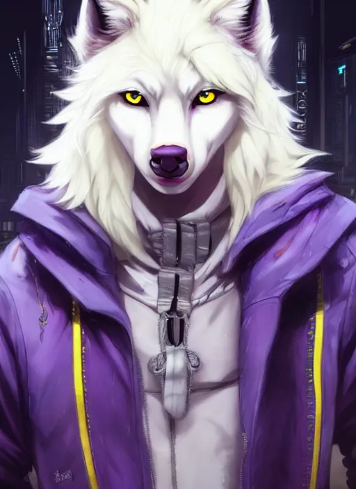 Image similar to award winning beautiful portrait commission of a male furry anthro albino wolf fursona with a tail and a cute beautiful attractive detailed furry face wearing stylish black, purple and yellow cyberpunk biker clothes in a cyberpunk city at night while it rains. Character design by charlie bowater, ross tran, artgerm, and makoto shinkai, detailed, inked, western comic book art