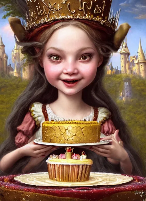 Image similar to highly detailed closeup portrait of a grinning fairytale medieval princess eating birthday cake, unreal engine, nicoletta ceccoli, mark ryden, lostfish, earl norem, global illumination, god rays, detailed and intricate environment