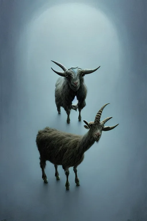 Image similar to painting of hybrid between human andy milonakis and a goat, by zdzislaw beksinski, by tiffany bozic, cold hue's, warm tone gradient background, concept art, beautiful composition, digital painting