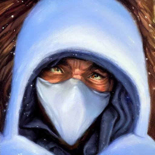 Image similar to fantasy snow bandit ‘ icewind dale ’ with mask, snow scene, ‘ icewind dale 2 ’ profile portrait by ‘ justin sweet ’, falling snow, soft focus, oil paint