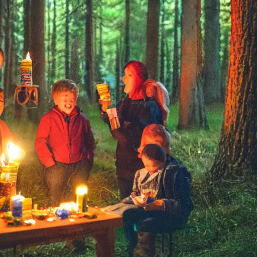 Image similar to photo of toad birthday party in the woods at night