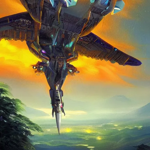 Image similar to a beautiful painting about a futuristic spaceship landing in a misty Asian rainforest, surrounded by mountains and clouds. Featured on Artstation. tall bright numerical village pyramid osprey citrus archangel, by Valentine Hugo and Robert Henri and Banks