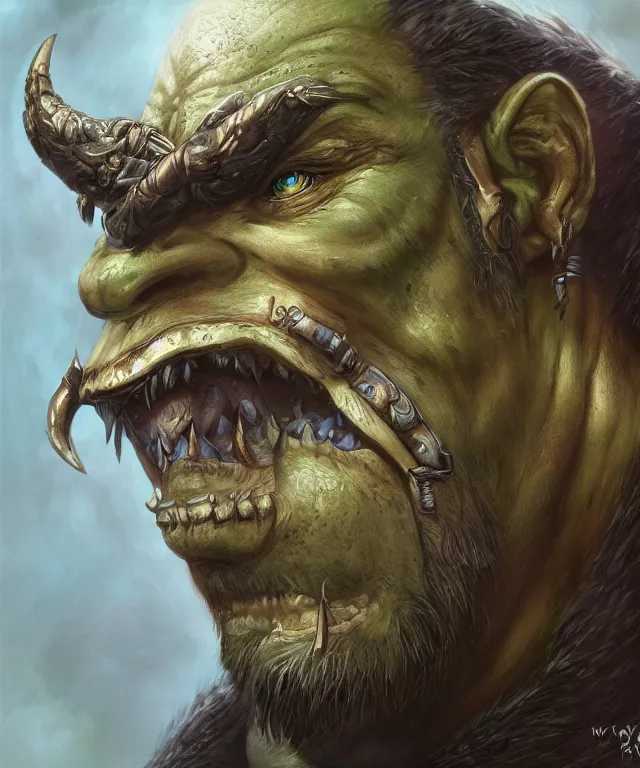 Image similar to portrait of an orc, detailed eyes, fantasy, world of warcraft, intricate, highly detailed, digital painting, 4 k, hdr, concept art, smooth, sharp focus, illustration, by wayne reynolds