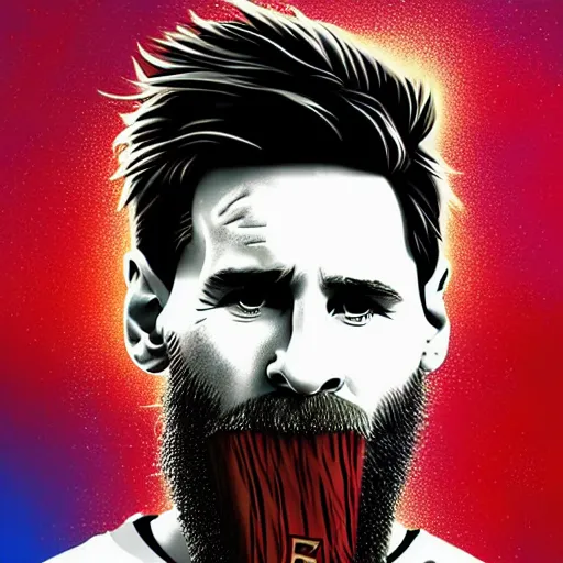 Image similar to lionel messi with a majestic beard eating a kfc zinger by alena aenami