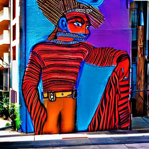 Prompt: assyrian playful by glen keane. street art. a series of vertical stripes in different colors.