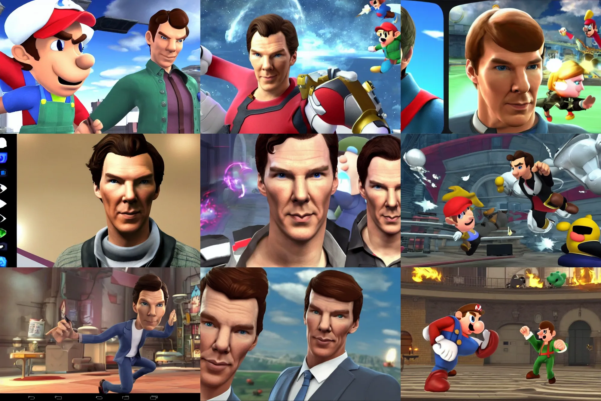 Prompt: a screenshot of benedict cumberbatch in the video game super smash brothers. 3 d rendering. unreal engine. amazing likeness. very detailed. cartoon caricature.
