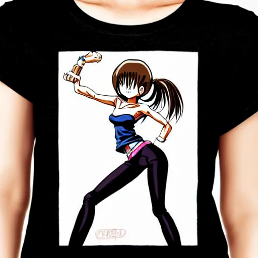 Image similar to woman, slim figure, perfect silky straight hair, smooth tan skin, dark circles under bemused eyes, hip punk fashion, tshirt!!, shorts!!, masterfully illustrated by akira toriyama, modern, cool, beauty