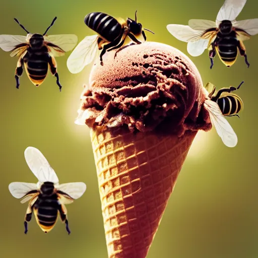 Image similar to a detailed photograph of an ice cream cone filled with nothing but bees